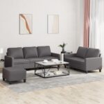 3 Piece Sofa Set with Cushions Grey Faux Leather