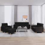 4 Piece Sofa Set with Pillows Black Fabric