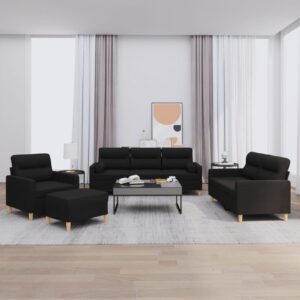 4 Piece Sofa Set with Pillows Black Fabric