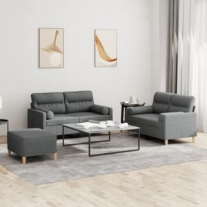 3 Piece Sofa Set with Pillows Dark Grey Fabric