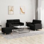 3 Piece Sofa Set with Pillows Black Fabric