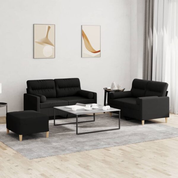 3 Piece Sofa Set with Pillows Black Fabric