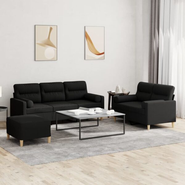 3 Piece Sofa Set with Pillows Black Fabric