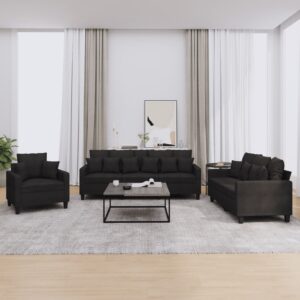 3 Piece Sofa Set with Pillows Black Fabric