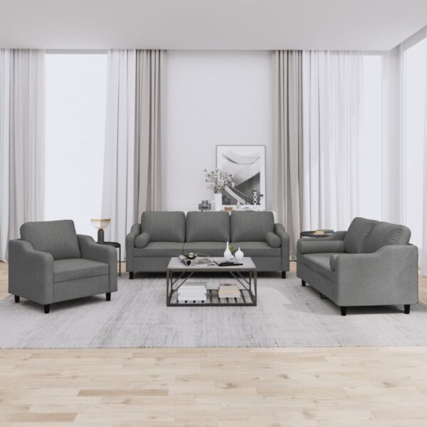 3 Piece Sofa Set with Pillows Dark Grey Fabric