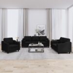 3 Piece Sofa Set with Pillows Black Fabric