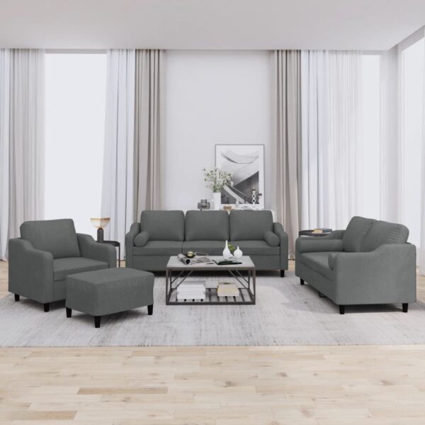 4 Piece Sofa Set with Pillows Dark Grey Fabric