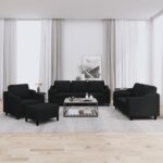 4 Piece Sofa Set with Pillows Black Fabric