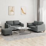 3 Piece Sofa Set with Pillows Dark Grey Fabric