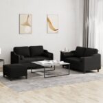 3 Piece Sofa Set with Pillows Black Fabric