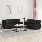 2 Piece Sofa Set with Pillows Black Faux Leather