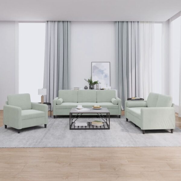 3 Piece Sofa Set with Pillows Light Grey Velvet