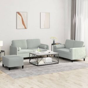 3 Piece Sofa Set with Pillows Light Grey Velvet