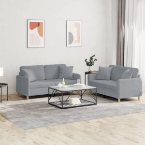 2 Piece Sofa Set with Pillows Light Grey Fabric