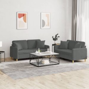 2 Piece Sofa Set with Pillows Dark Grey Fabric