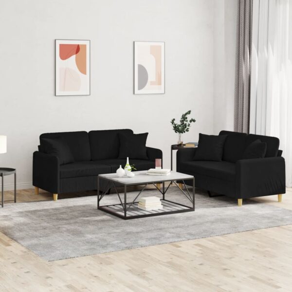 2 Piece Sofa Set with Pillows Black Fabric