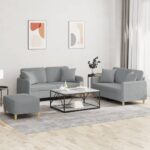 3 Piece Sofa Set with Pillows Light Grey Fabric