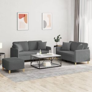 3 Piece Sofa Set with Pillows Dark Grey Fabric