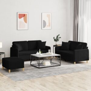 3 Piece Sofa Set with Pillows Black Fabric