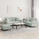 3 Piece Sofa Set with Pillows Light Grey Velvet