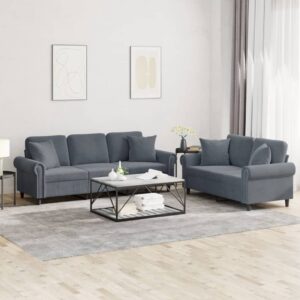 2 Piece Sofa Set with Pillows Dark Grey Velvet