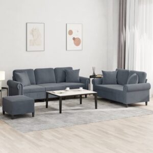 3 Piece Sofa Set with Pillows Dark Grey Velvet