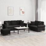 3 Piece Sofa Set with Pillows Black Velvet