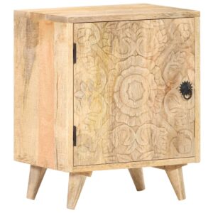 Solid Mango Wood Carved Bedside Cabinet Nightstand with Natural Finish and Storage