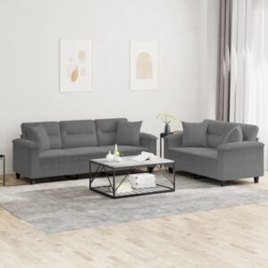 2 Piece Sofa Set with Pillows Dark Grey Microfibre Fabric