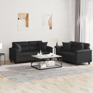 2 Piece Sofa Set with Pillows Black Faux Leather