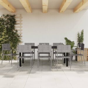 9 Piece Garden Dining Set Grey and Black Poly Rattan and Steel