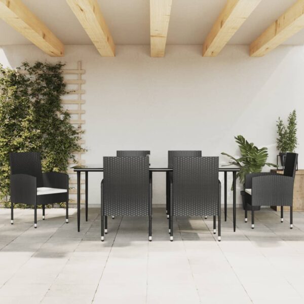 7 Piece Garden Dining Set Black Poly Rattan and Steel