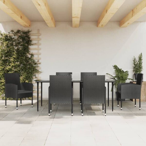 7 Piece Garden Dining Set Black Poly Rattan and Steel