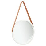 Retro Round Wall Mirror with Adjustable Faux Leather Strap  White and Brown  40 cm