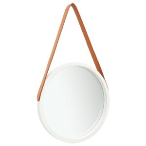 Retro Round Wall Mirror with Adjustable Faux Leather Strap  White and Brown  40 cm