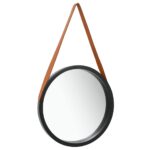 Retro Round Wall Mirror with Adjustable Faux Leather Strap  Black and Brown  40 cm