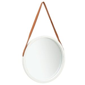 White Round Wall Mirror with Adjustable Faux Leather Strap  Retro Design  50cm Diameter