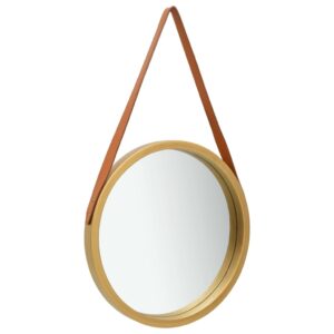 Stylish Round Wall Mirror with Adjustable Faux Leather Strap  Gold and Brown  50 cm