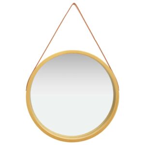 Retro Round Wall Mirror with Adjustable Faux Leather Strap  Gold and Brown  60 cm