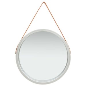 Retro Round Wall Mirror with Adjustable Faux Leather Strap  Silver and Brown  60 cm