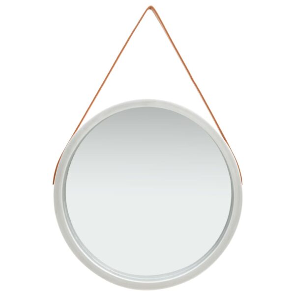 Retro Round Wall Mirror with Adjustable Faux Leather Strap  Silver and Brown  60 cm