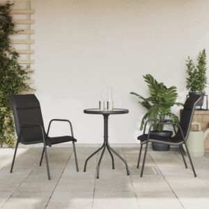 3 Piece Outdoor Dining Set in Black Steel with Glass Tabletop and Textilene Chairs