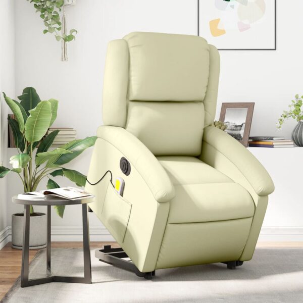 Electric Stand up Massage Recliner Chair Cream Real Leather