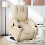 Electric Stand up Massage Recliner Chair Cream Fabric