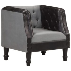 Black Tub Chair Real Leather and Solid Mango Wood  Industrial   Comfortable Padded Seat