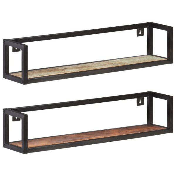 Set of Two Industrial  Solid Reclaimed Wood Wall Shelves with Iron Frame