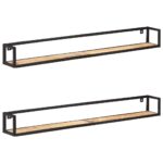 Industrial  Wall Shelves Set of Two in Rough Mango Wood with Black Iron Frame