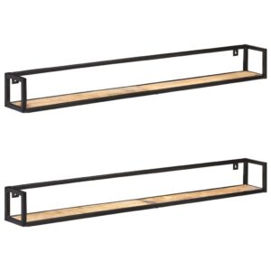 Industrial  Wall Shelves Set of Two in Rough Mango Wood with Black Iron Frame