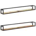 Set of Two Industrial  Solid Reclaimed Wood Wall Shelves with Black Iron Frame