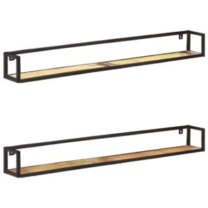 Set of Two Industrial  Solid Reclaimed Wood Wall Shelves with Black Iron Frame